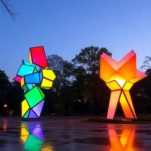 Illuminated public art installation 'Elevated' in Phoenix at Eastlake Park