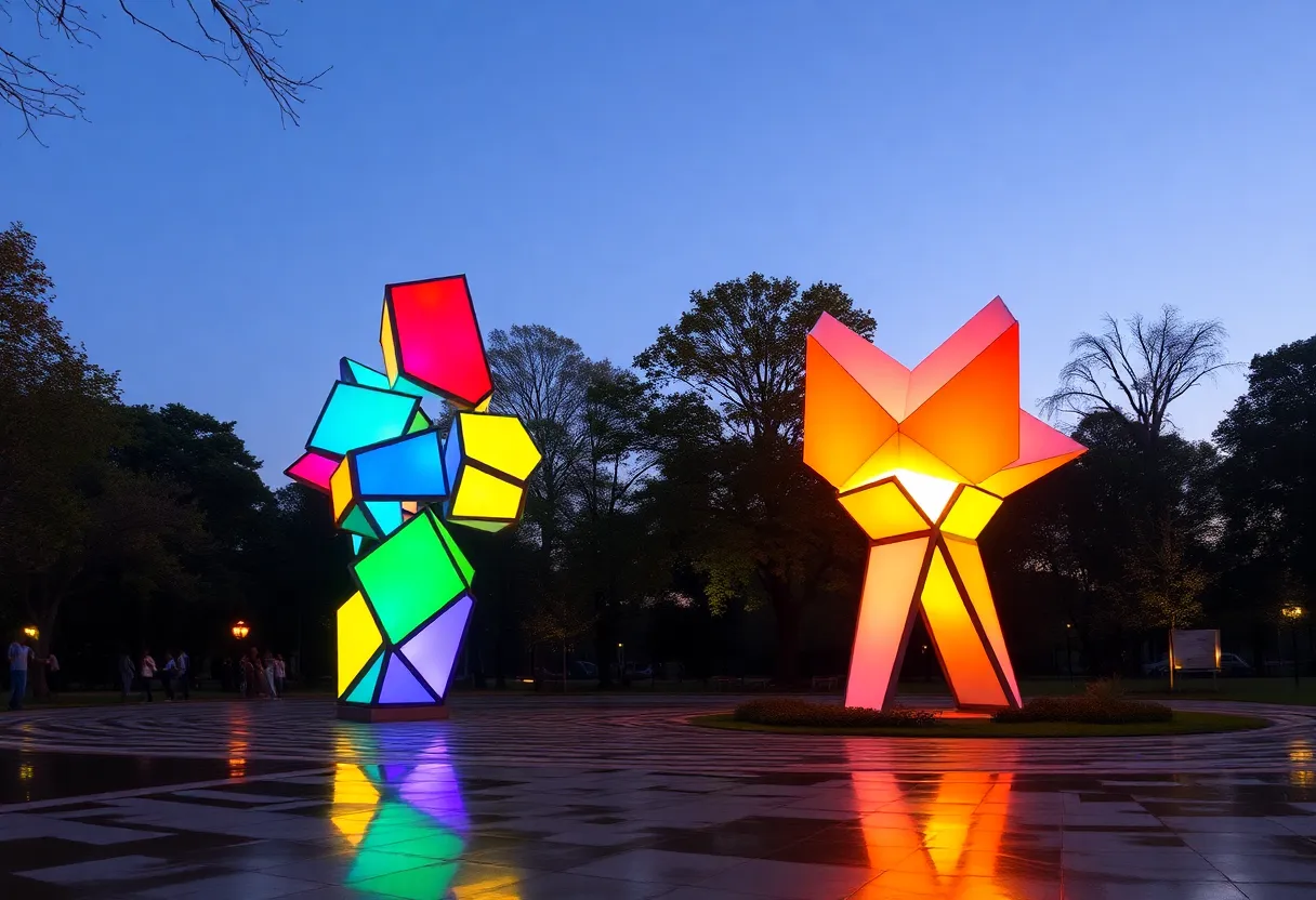 Illuminated public art installation 'Elevated' in Phoenix at Eastlake Park