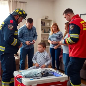 Emergency responders assessing a child at home during a medical emergency.
