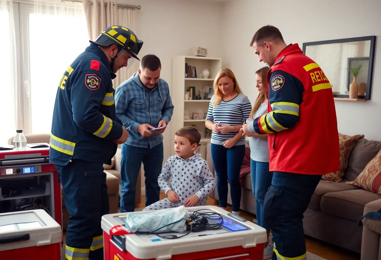 Emergency responders assessing a child at home during a medical emergency.