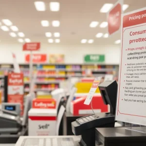 Checkout area in a Family Dollar store with pricing signage