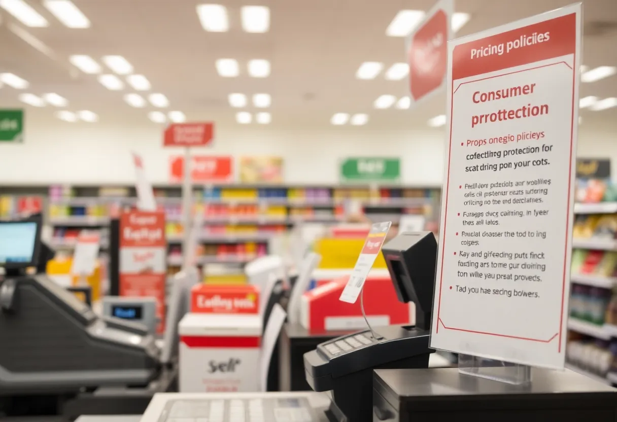 Checkout area in a Family Dollar store with pricing signage