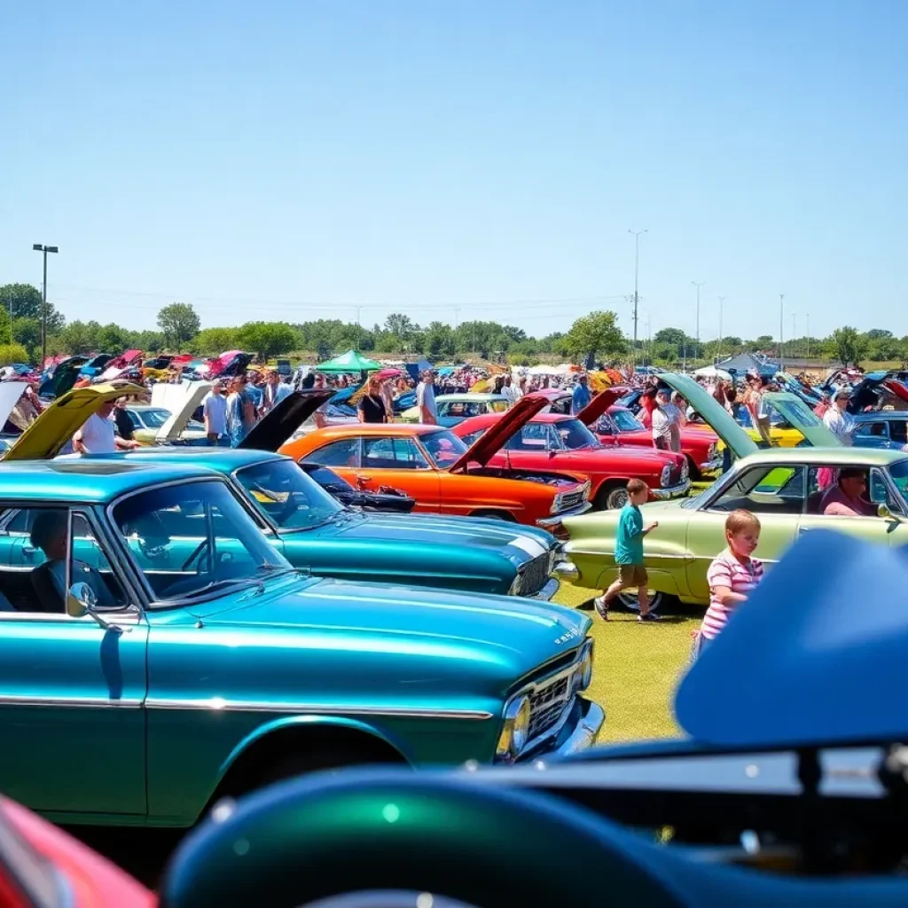 A diverse display of cars at the Fountain Hills car show with families attending.