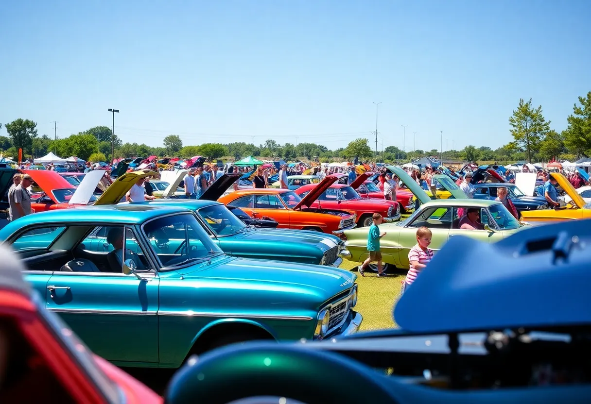 A diverse display of cars at the Fountain Hills car show with families attending.