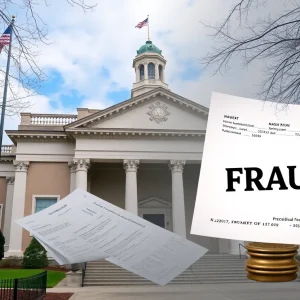 Municipal building with financial documents depicting fraud investigation