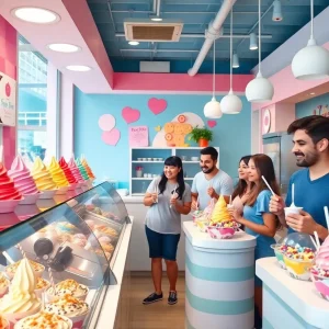 Interior of Frozz Frozen Yogurt with colorful flavors and toppings