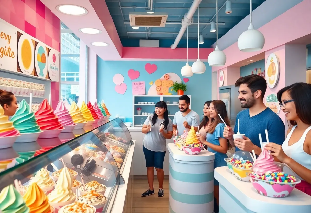 Interior of Frozz Frozen Yogurt with colorful flavors and toppings