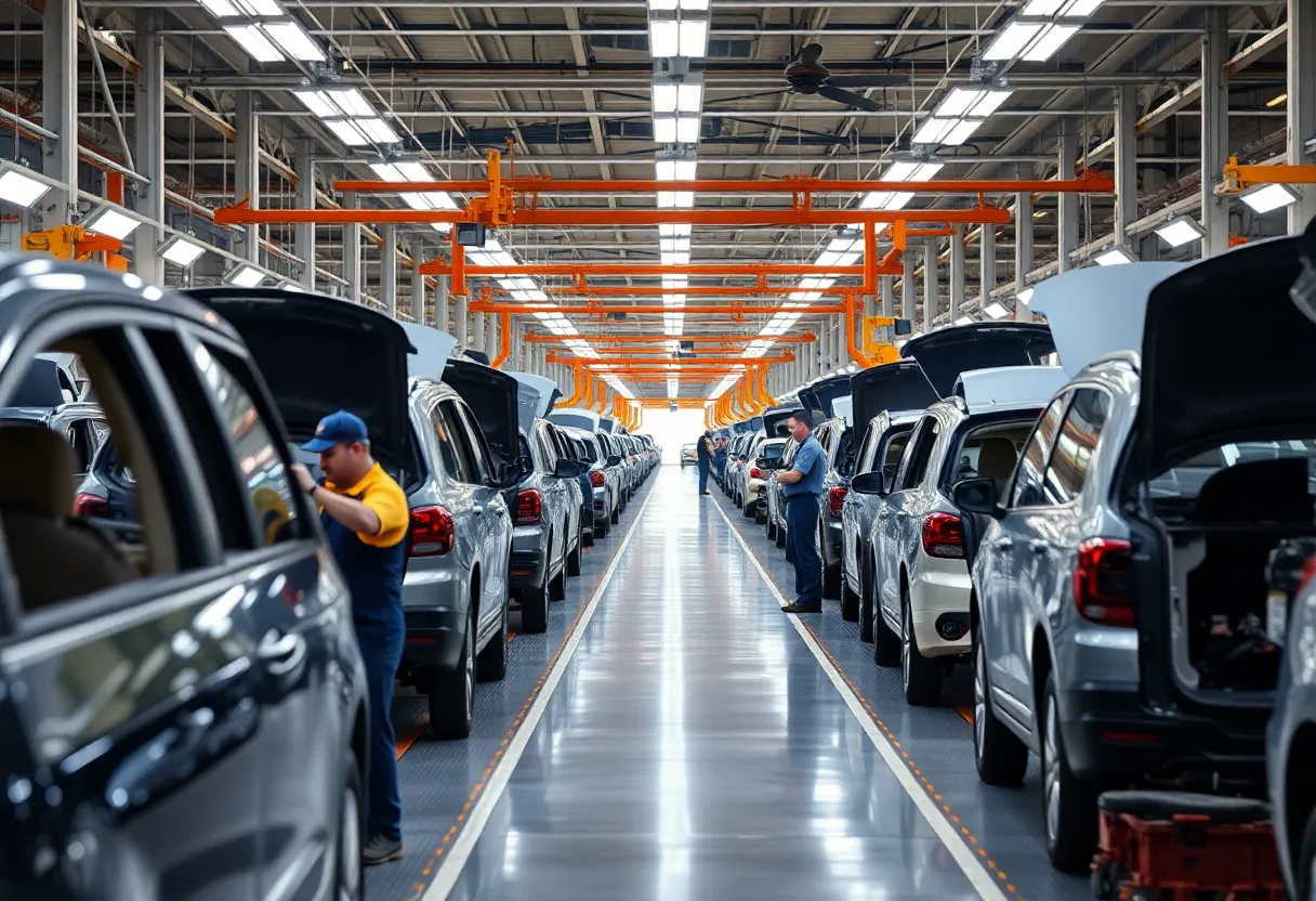 Workers assembling vehicles at GM assembly plant