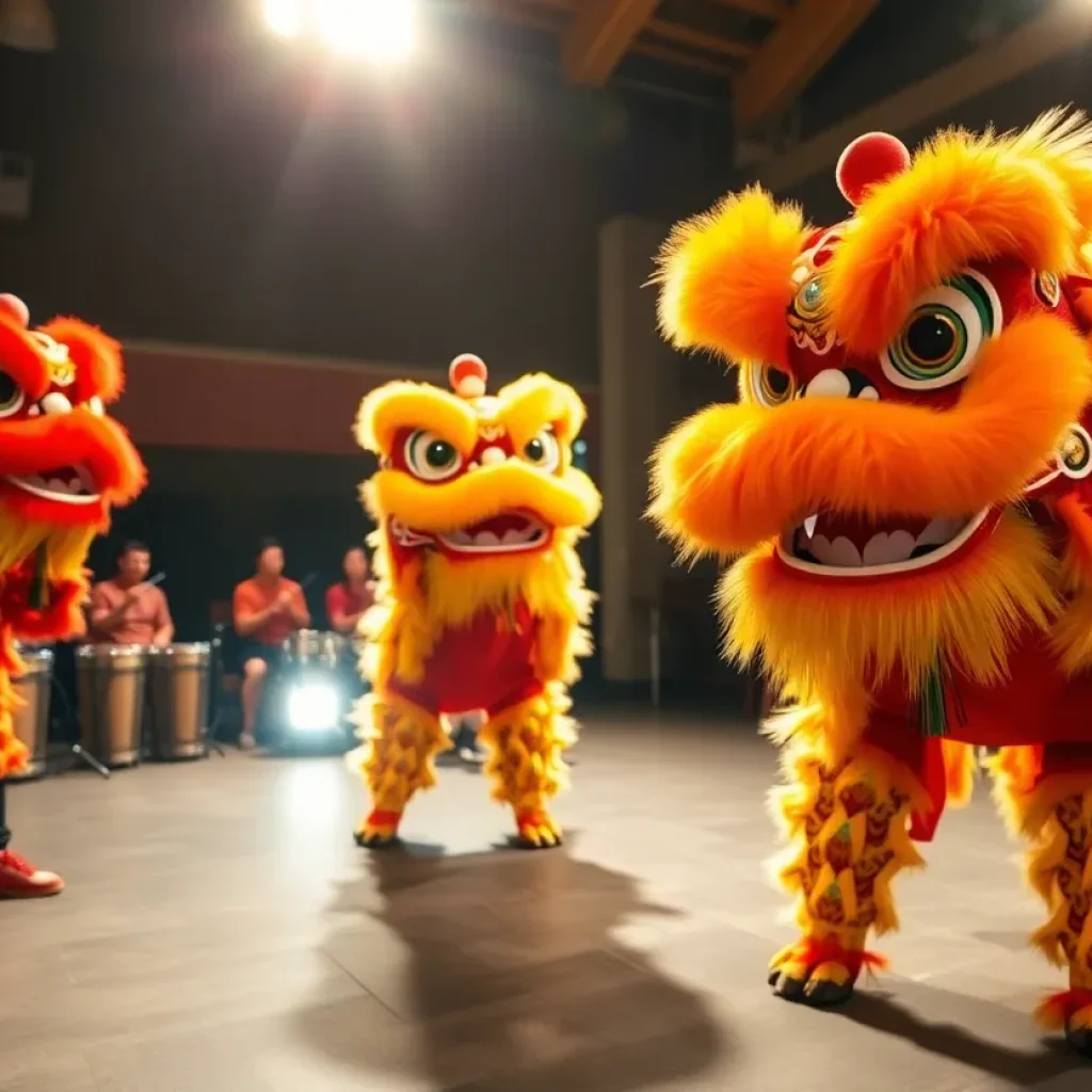 Lion dance performers practicing in colorful costumes