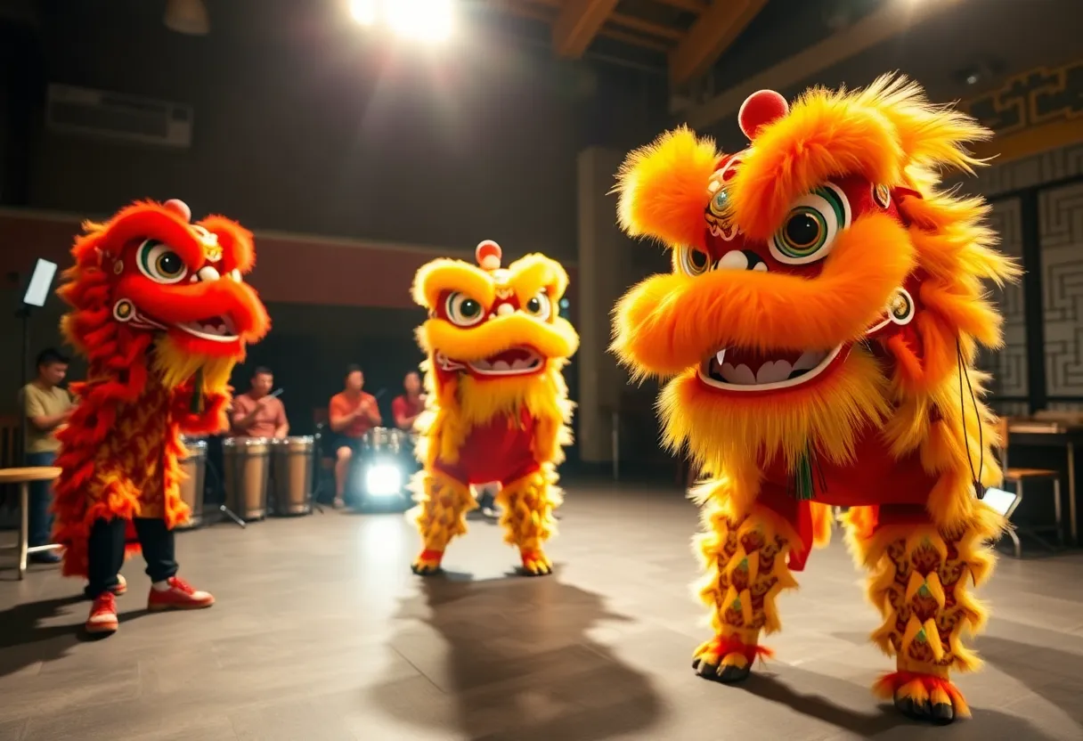 Lion dance performers practicing in colorful costumes