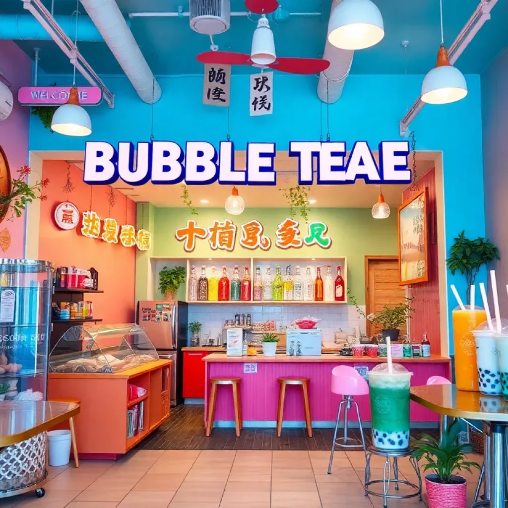 Interior of a Gong cha bubble tea shop with drinks on display