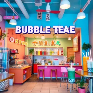 Interior of a Gong cha bubble tea shop with drinks on display