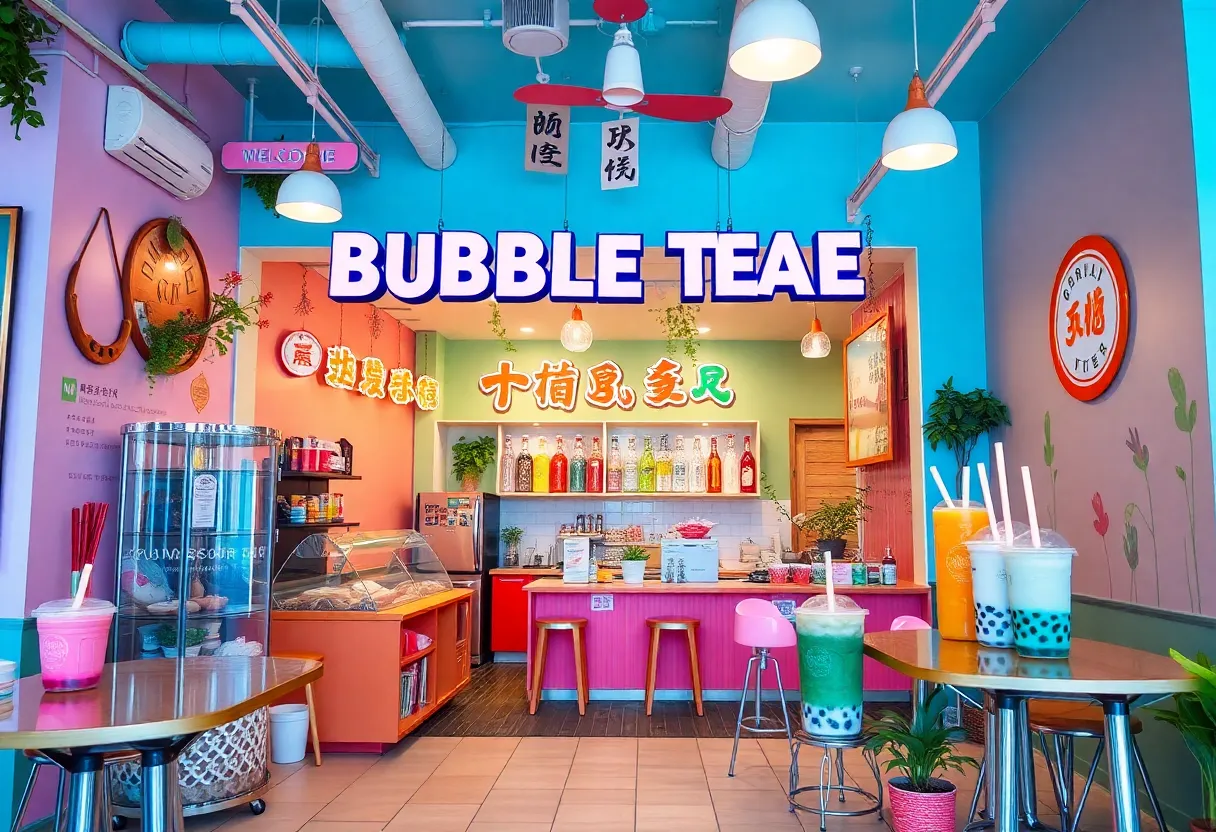 Interior of a Gong cha bubble tea shop with drinks on display