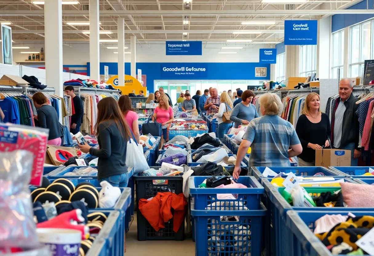 Busy Goodwill clearance center with shoppers exploring bins of second-hand items.