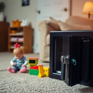 Concept image of gun safety in a home with children's toys.