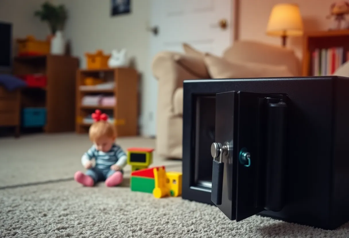 Concept image of gun safety in a home with children's toys.