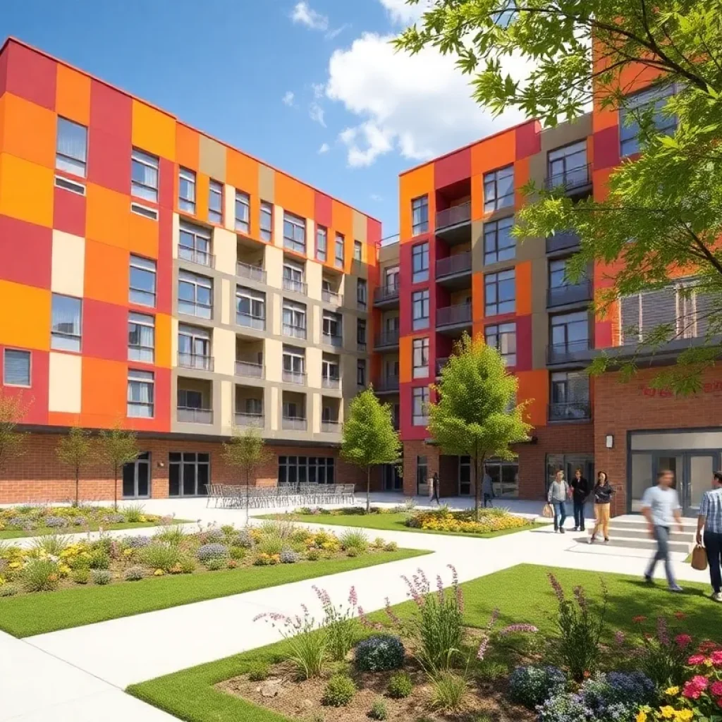 Render of Herberger student housing project at ASU with colorful façade and sky bridge