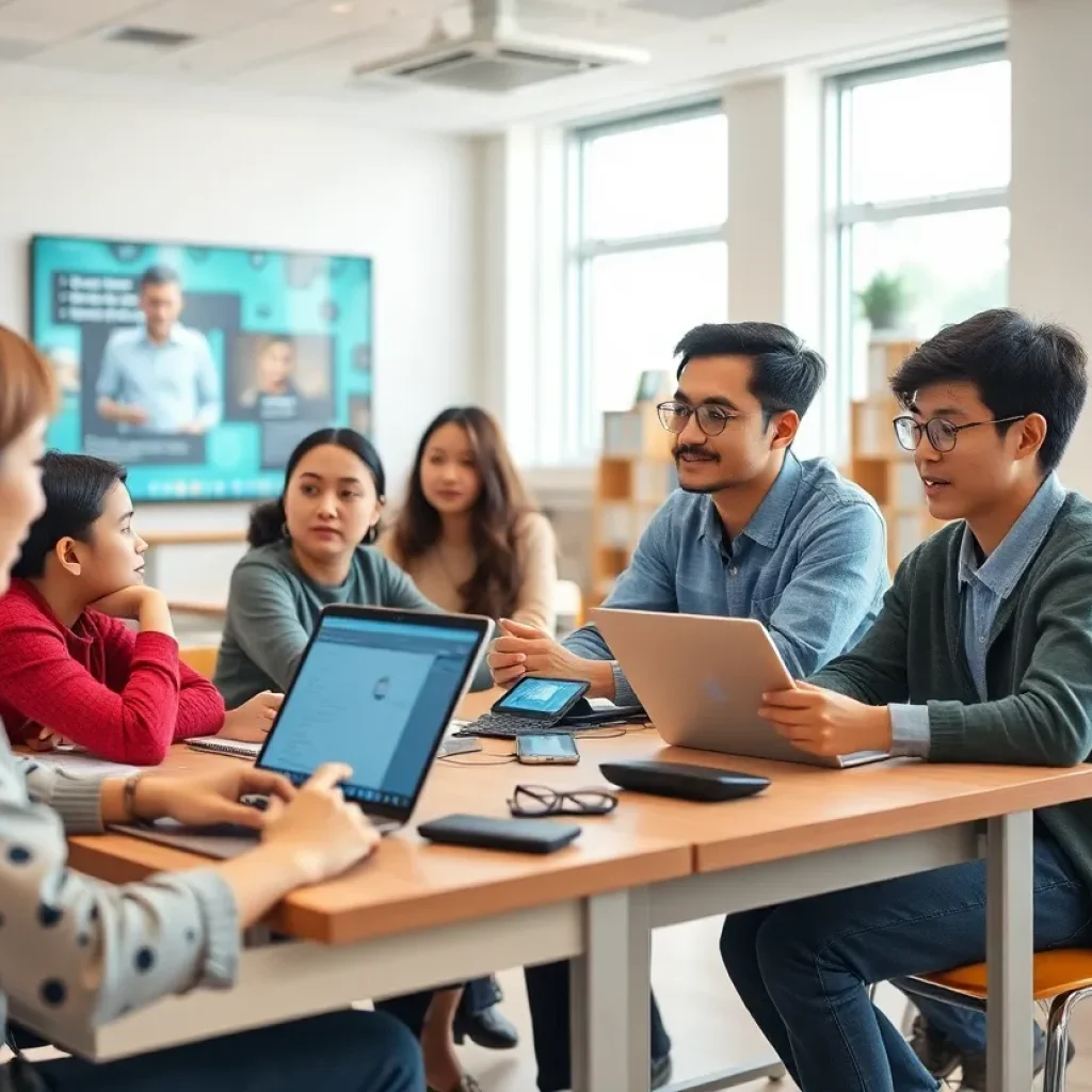 Students participating in a virtual classroom using AI technologies for personalized learning.