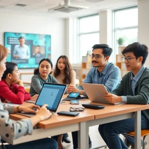 Students participating in a virtual classroom using AI technologies for personalized learning.