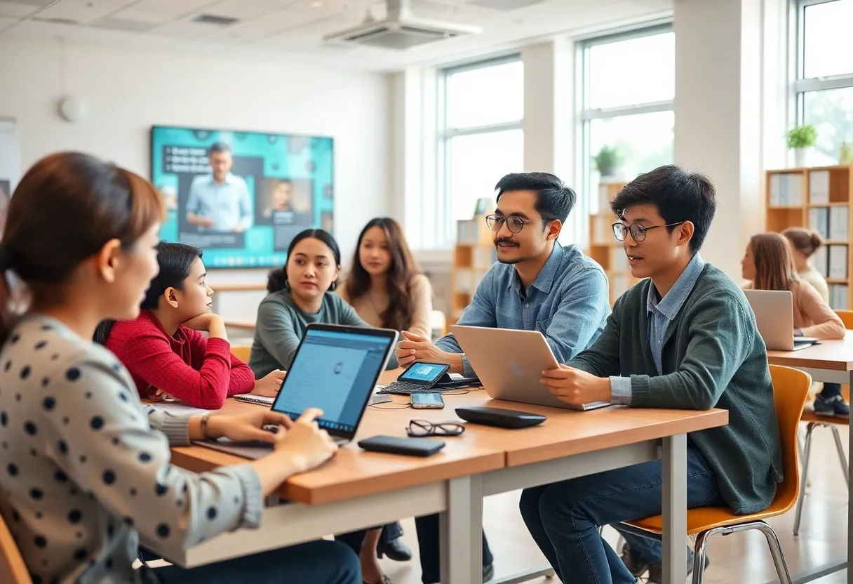 Students participating in a virtual classroom using AI technologies for personalized learning.