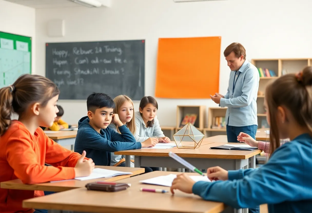 A teacher guiding students in a geometry lesson in a bright, engaging classroom.