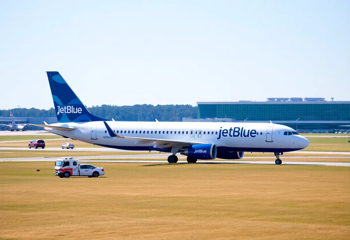 JetBlue aircraft off runway with emergency vehicles nearby