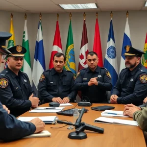 Law enforcement officers in training discussing foreign intimidation laws