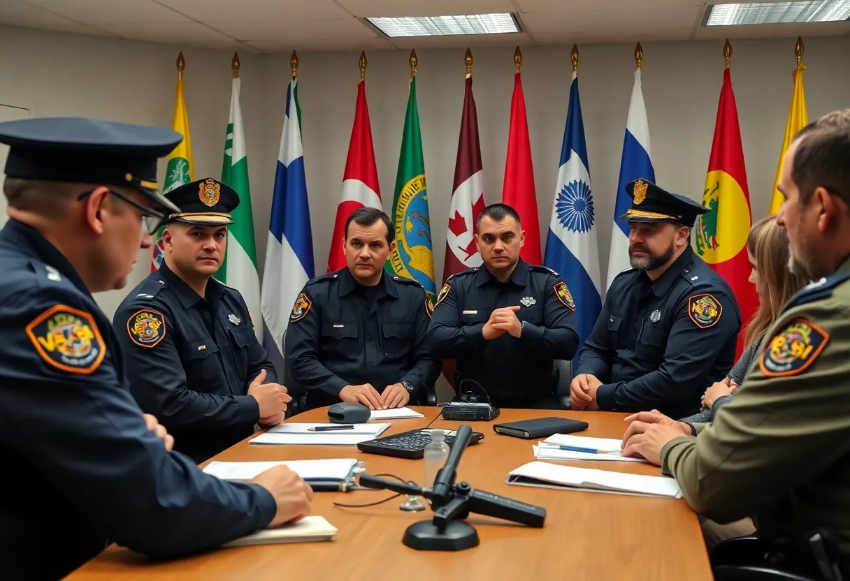 Law enforcement officers in training discussing foreign intimidation laws