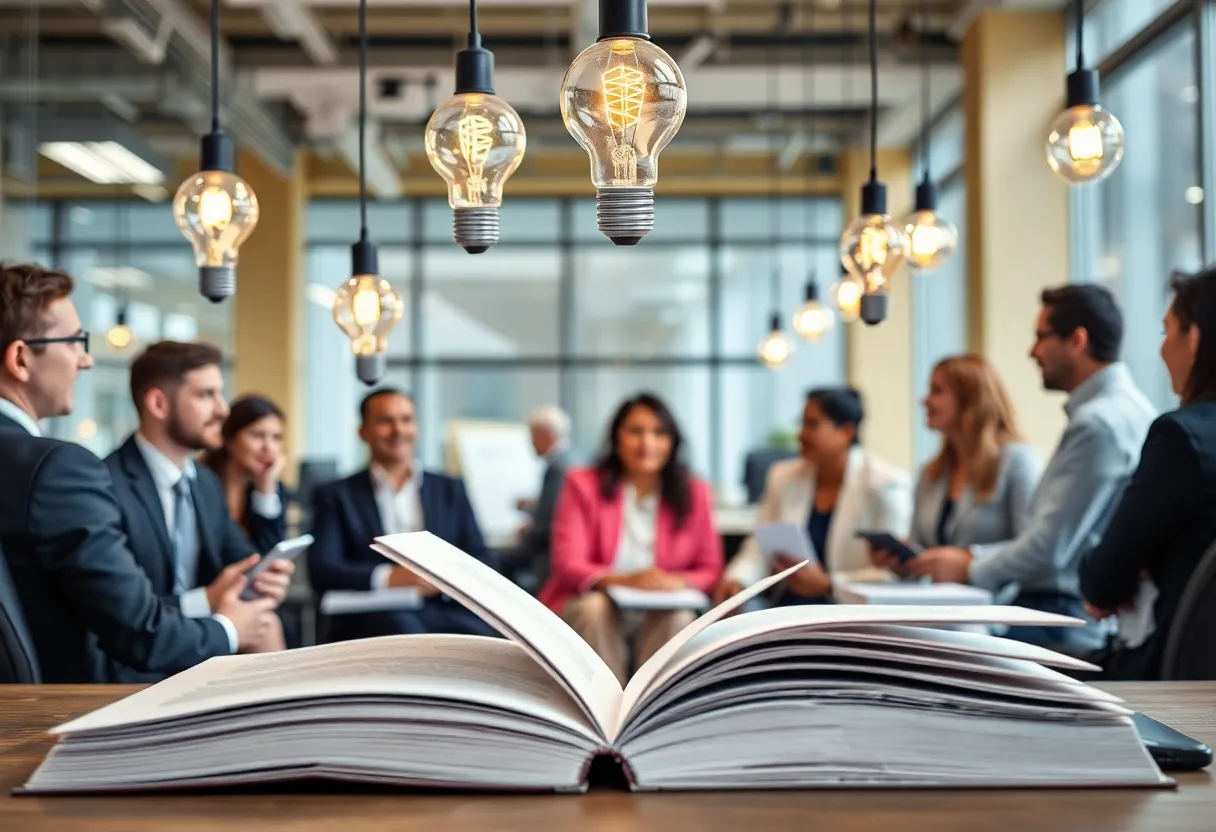 Abstract illustration of leadership topics featuring open books and engaging discussions.