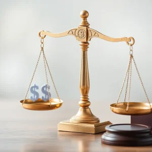 Illustration of legal scales symbolizing litigation and finance regulation.