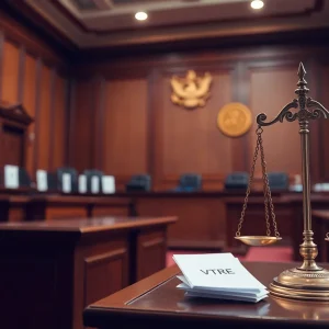 Courtroom illustration featuring election administration elements