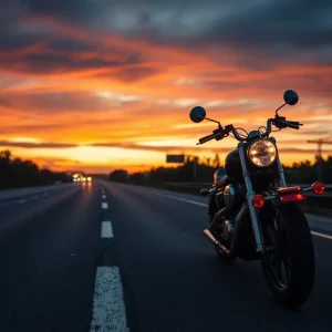 Motorcycle on a highway with blurred lights in the background, symbolizing a tragic accident.