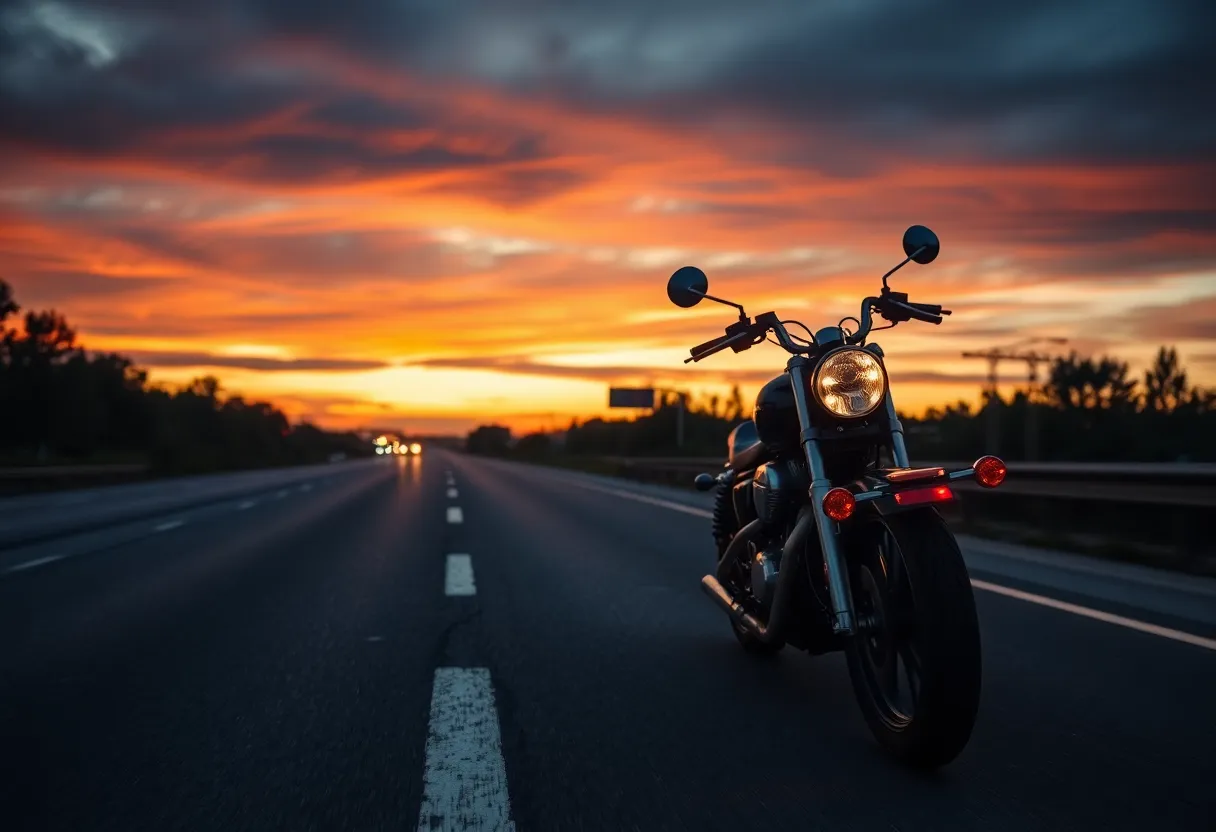 Motorcycle on a highway with blurred lights in the background, symbolizing a tragic accident.