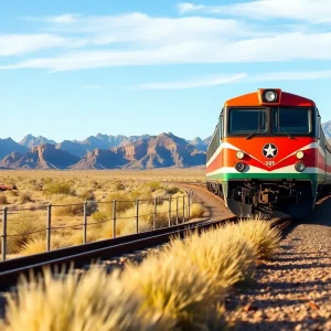 Modern passenger train traveling through Arizona's desert