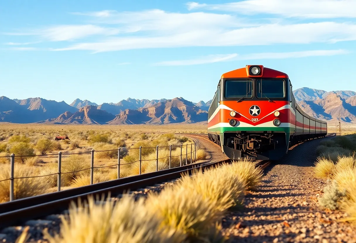 Modern passenger train traveling through Arizona's desert