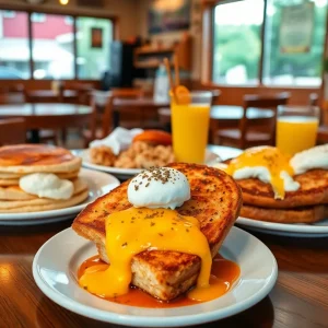 Brunch dishes at Perk Eatery including pancakes and French toast