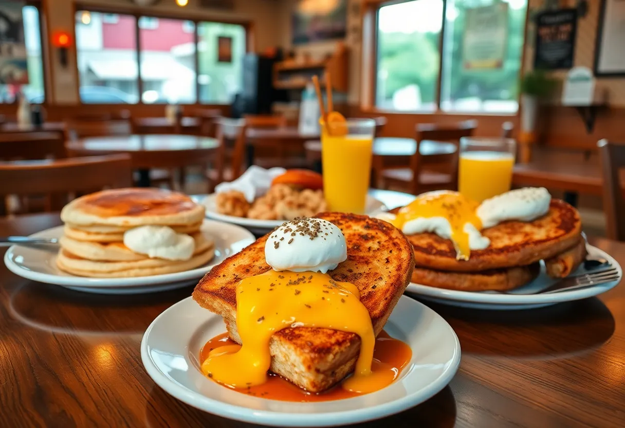 Brunch dishes at Perk Eatery including pancakes and French toast