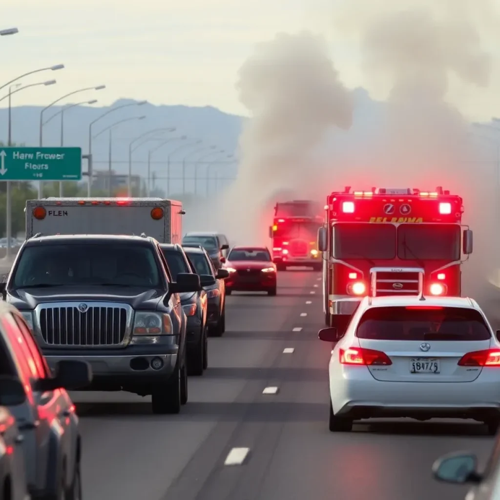 Emergency services responding to a car fire on a highway in Phoenix