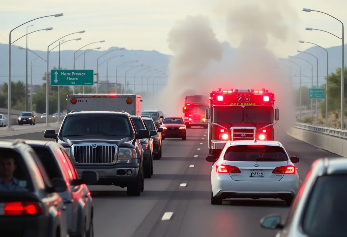 Emergency services responding to a car fire on a highway in Phoenix