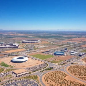 Aerial view of desert land in Phoenix, Arizona designated for sports infrastructure.