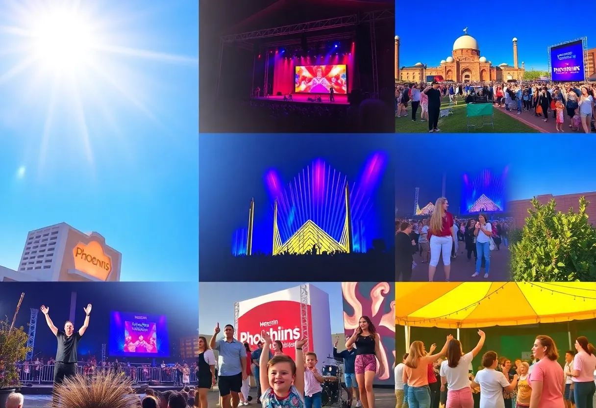 Collage of various Phoenix events such as concerts and family activities.