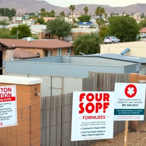 A community scene in Phoenix with eviction notices displayed.