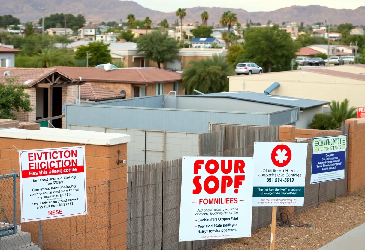 A community scene in Phoenix with eviction notices displayed.