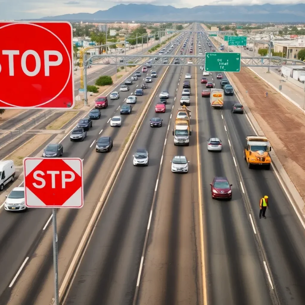 Aerial view of Phoenix freeway construction site with traffic delays.