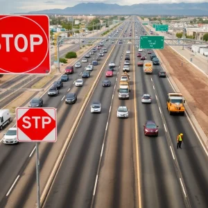 Aerial view of Phoenix freeway construction site with traffic delays.