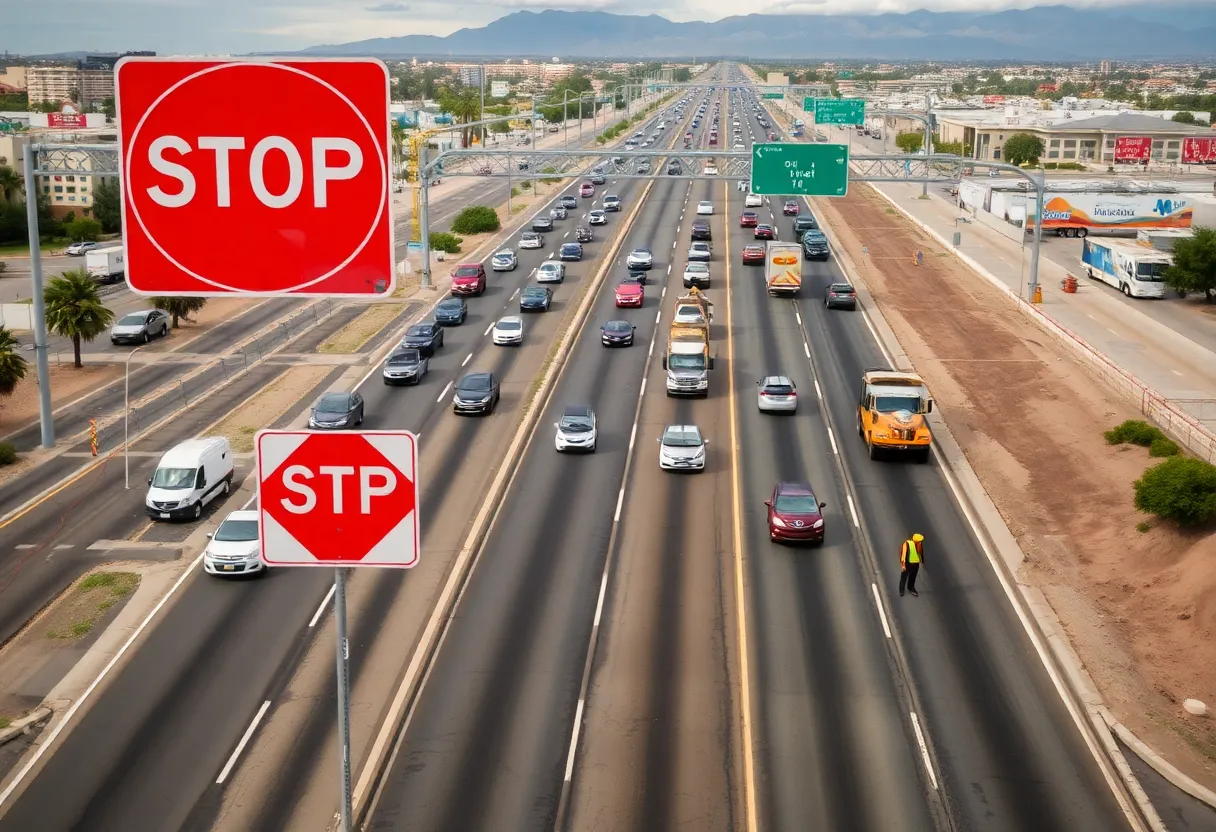Aerial view of Phoenix freeway construction site with traffic delays.