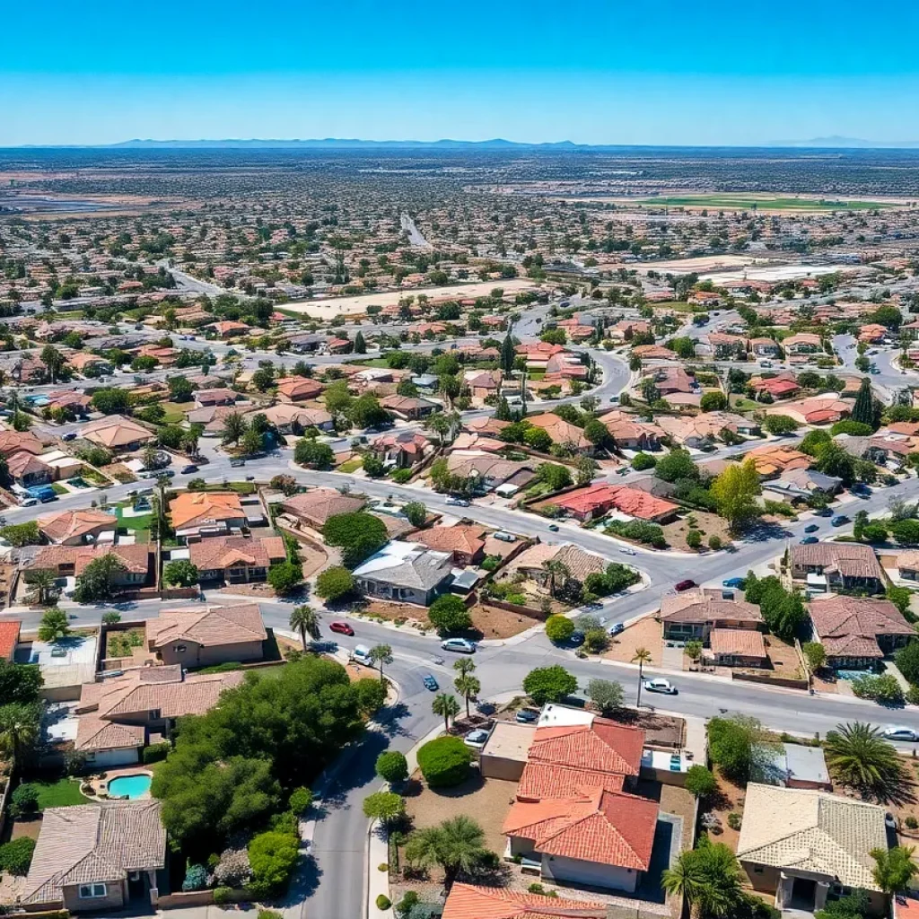 Aerial view of residential neighborhoods in Phoenix with for sale signs.