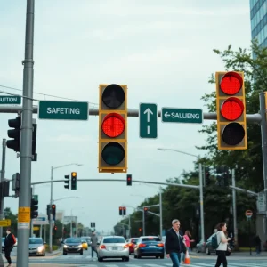 Traffic signals regulating busy intersection in Phoenix