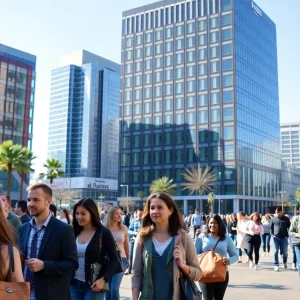 Urban scene showing job seekers in Phoenix with office buildings