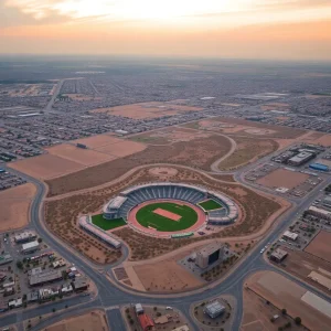Aerial view of 217-acre land in north Phoenix for sports development.